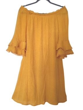 Naif Mustard Yellow Off The Shoulders Mini Boho Dress Large Qrtr Ruffled Sleeves